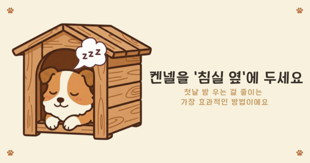 강아지 켄넬 위치 - 첫날 밤 안정을 위해 침실 옆에 둔 켄넬