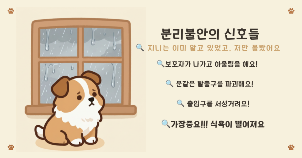 강아지 분리불안 증상 체크리스트 카드뉴스, 짖음 파괴 서성임 실수 식욕저하